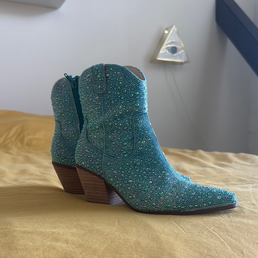 Betsey Johnson Diva Turquoise Rhinestone Crystal Glitter Ankle Cowboy Boots 6.5 - Picture 5 of 12